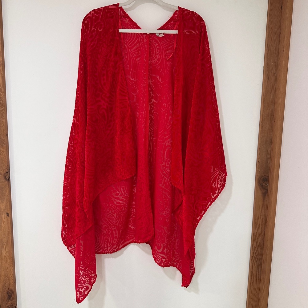 Cato Burnout Velvet Paisley Kimono Women One Size Red Open Front | Boho Chic